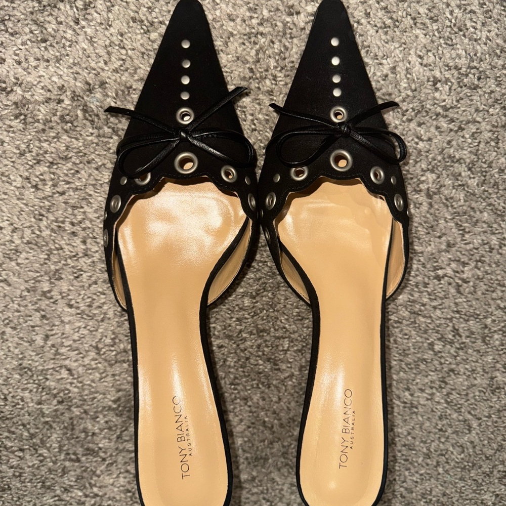 Tony Bianco Black and Cream Mules with Eyelet Detail